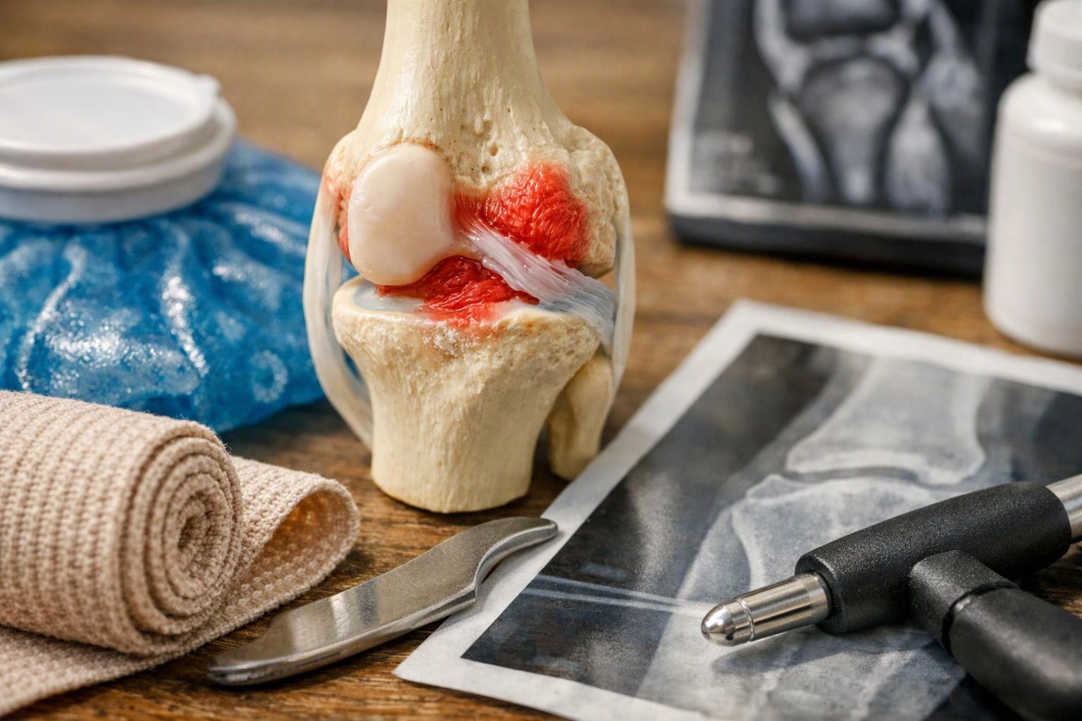 A knee joint model sits on a wooden table beside an X-ray, bandage, ice pack, and medical tools