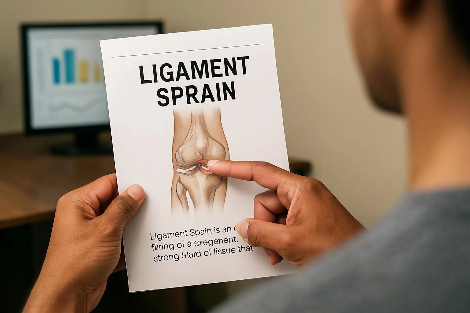 A person points at a medical handout titled “LIGAMENT SPRAIN” with a knee illustration in an office setting