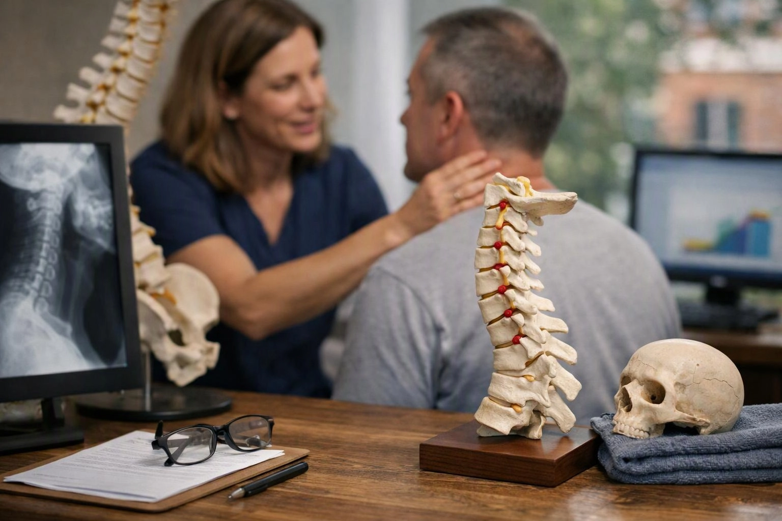 A woman in scrubs gently examines a seated man’s neck beside spine models, an X-ray, and a skull on a desk