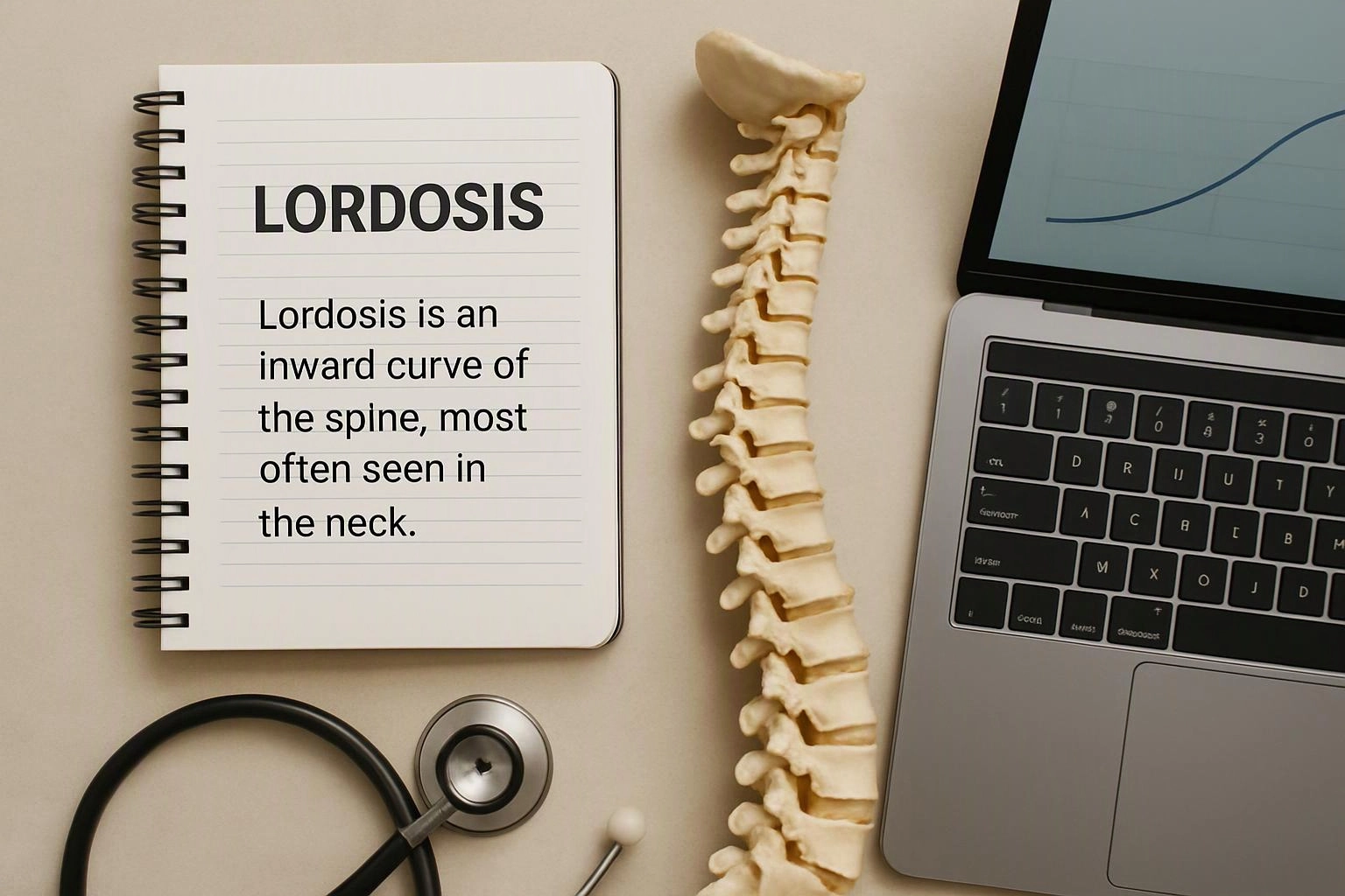 A notebook defines “LORDOSIS” beside a spine model, stethoscope, and laptop on a desk