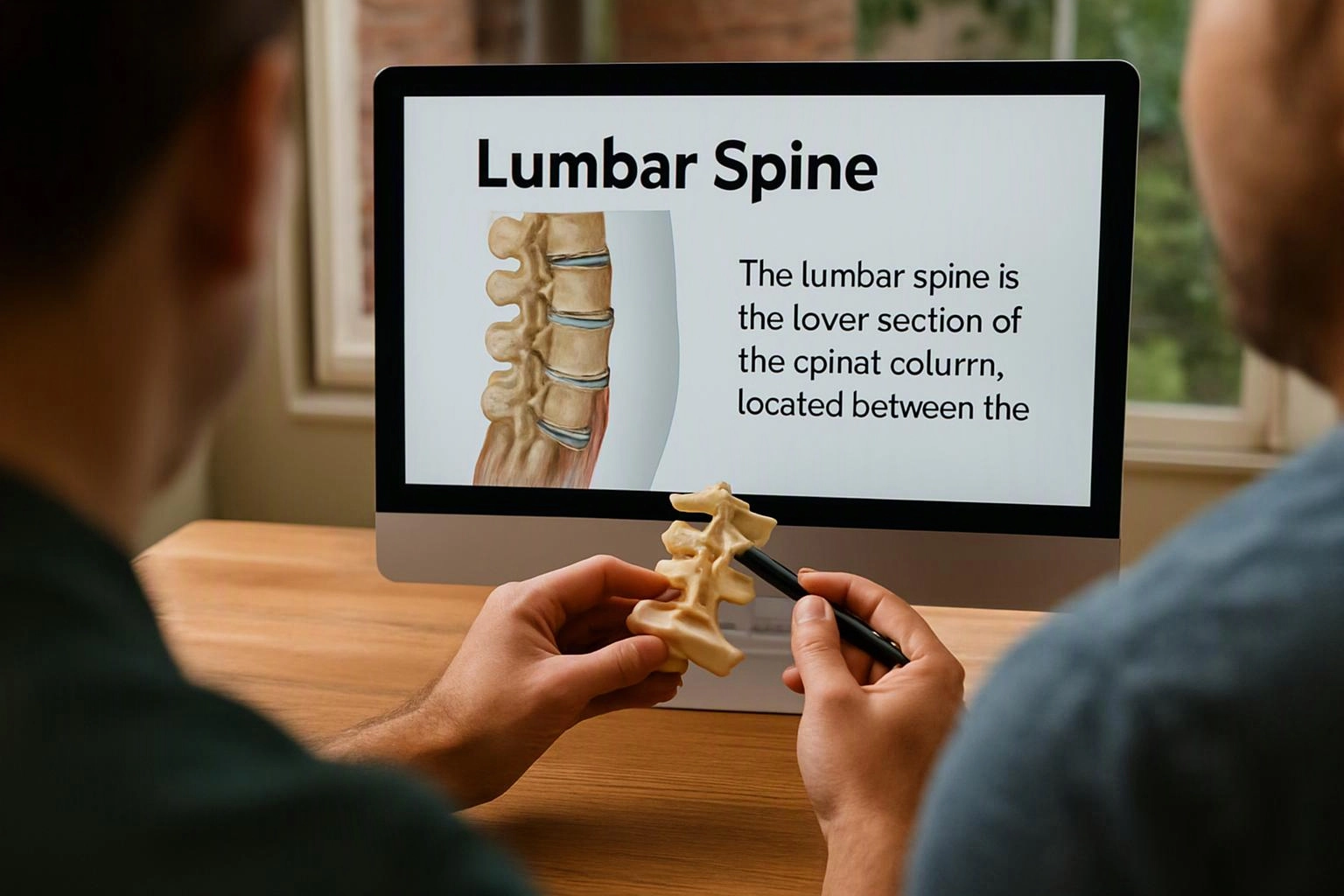 Two people study a lumbar spine model beside a computer showing a spine anatomy slide