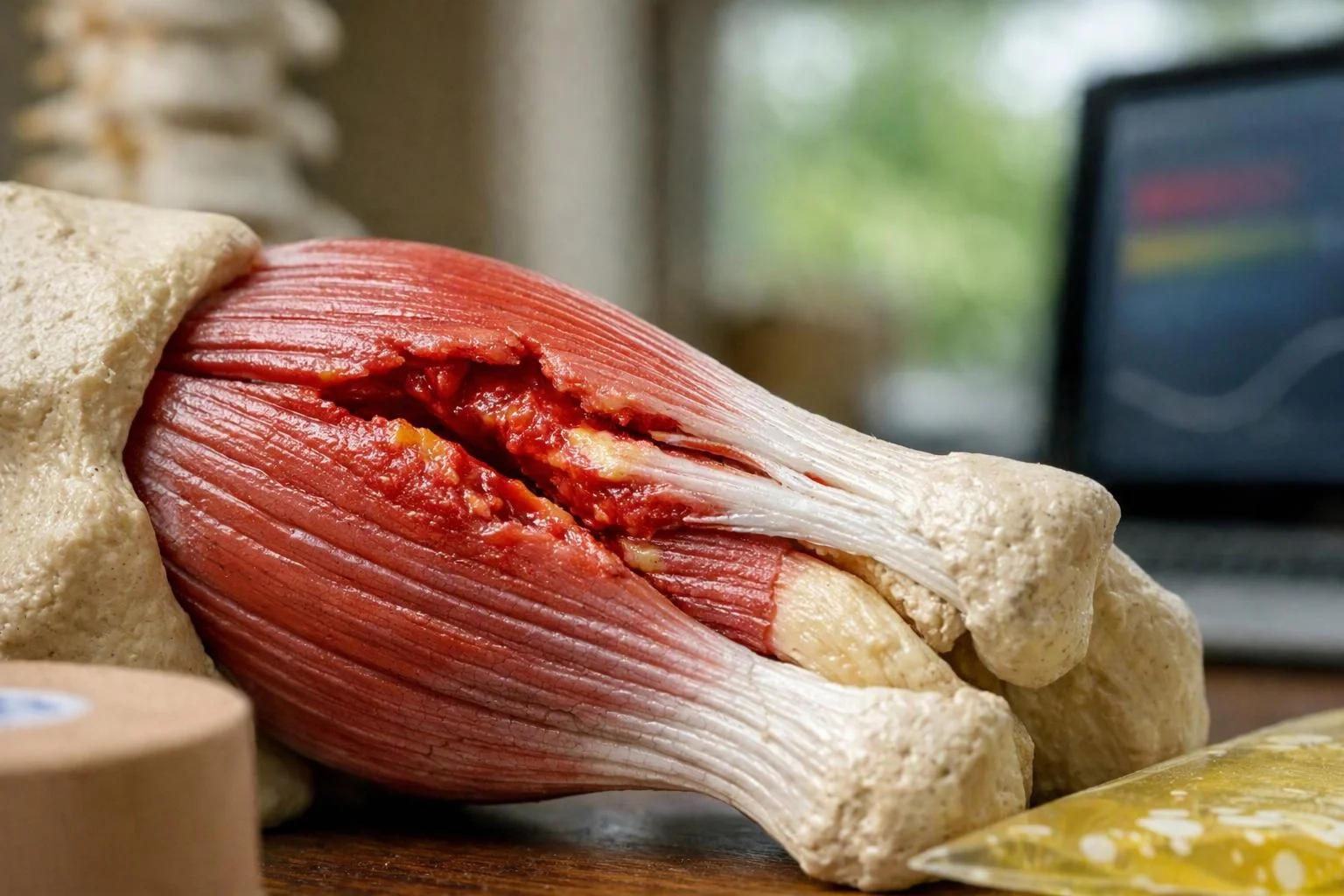 A close-up anatomical muscle model with a visible tear lies on a table beside a blurred laptop screen