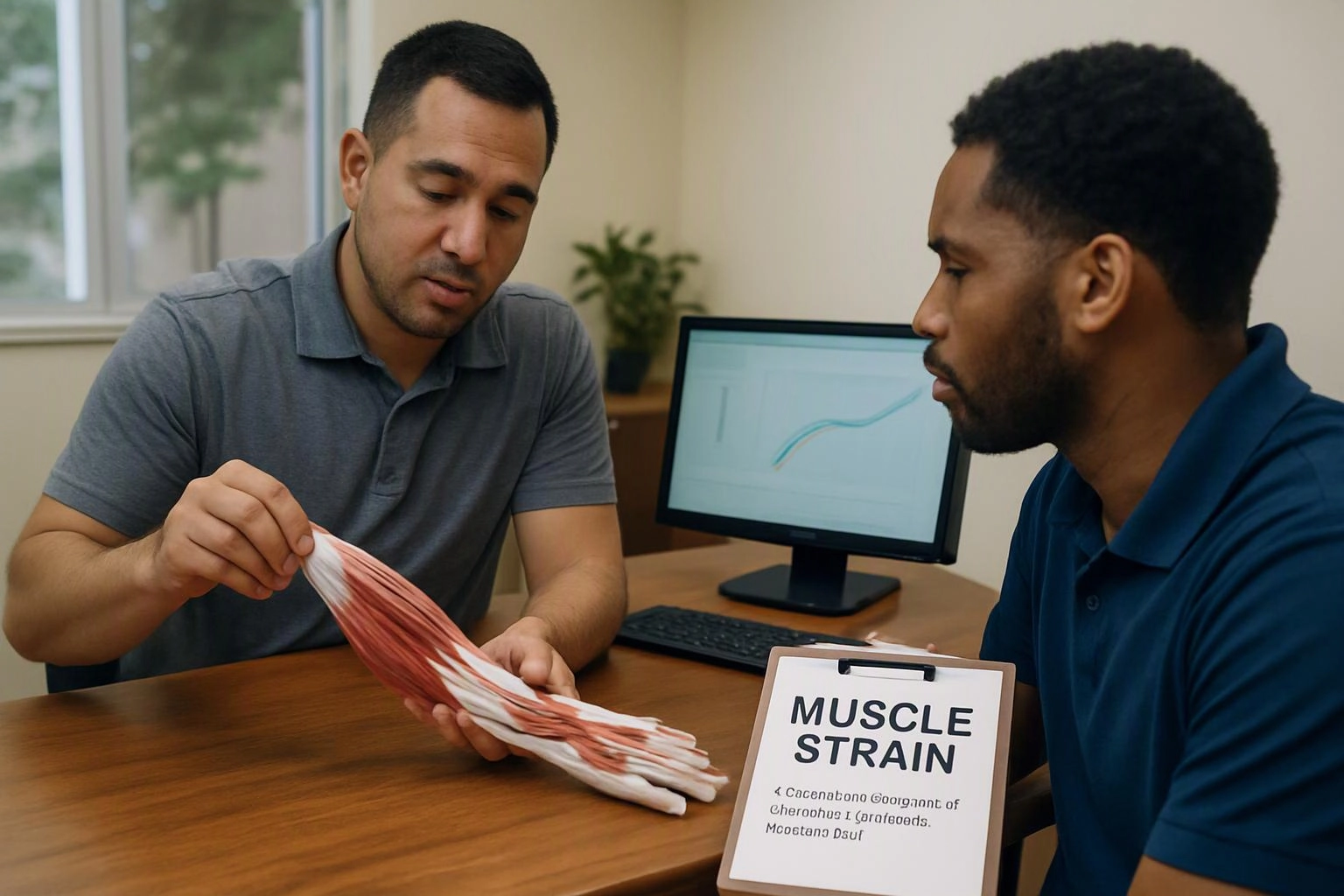 Two men discuss a muscle model at a desk, with a monitor and clipboard in a small office