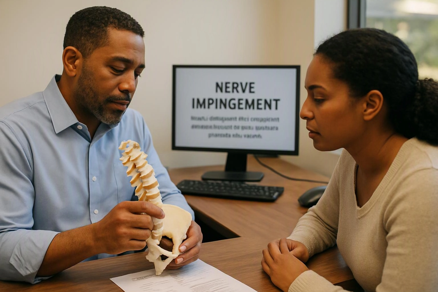 A doctor shows a spine model to a seated woman in a consultation room with a screen reading “NERVE IMPINGEMENT”