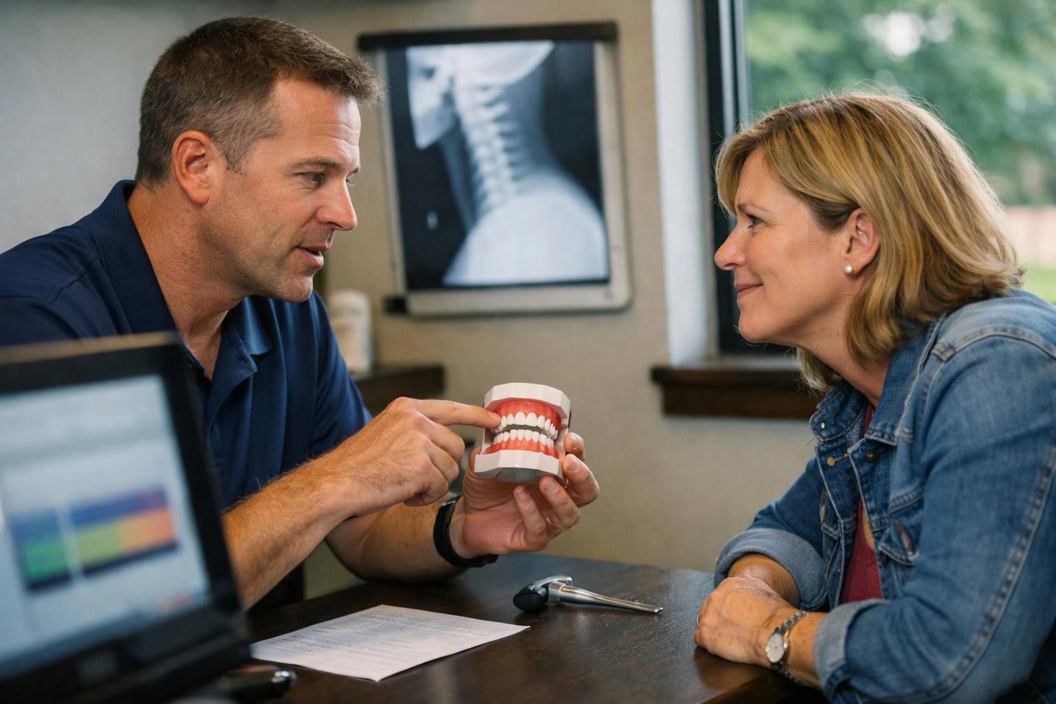 A man shows a woman a dental model of teeth across a desk in a bright office