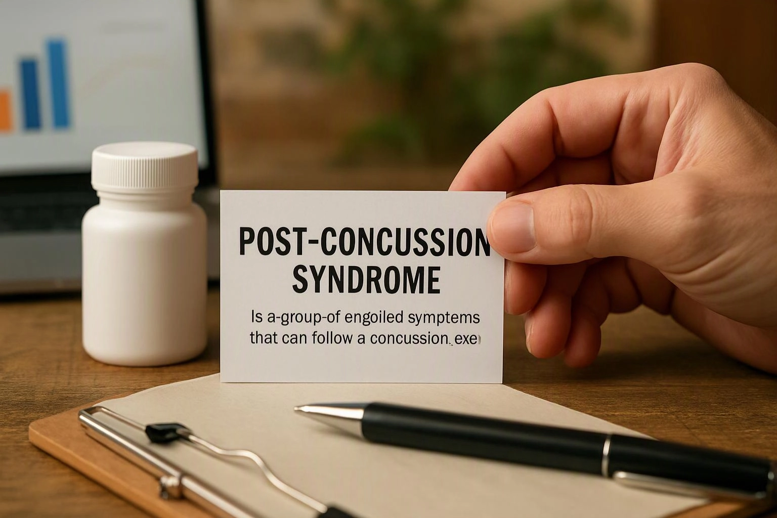 A hand holds a card reading "POST-CONCUSSION SYNDROME" beside a white bottle, notebook, and pen on a desk