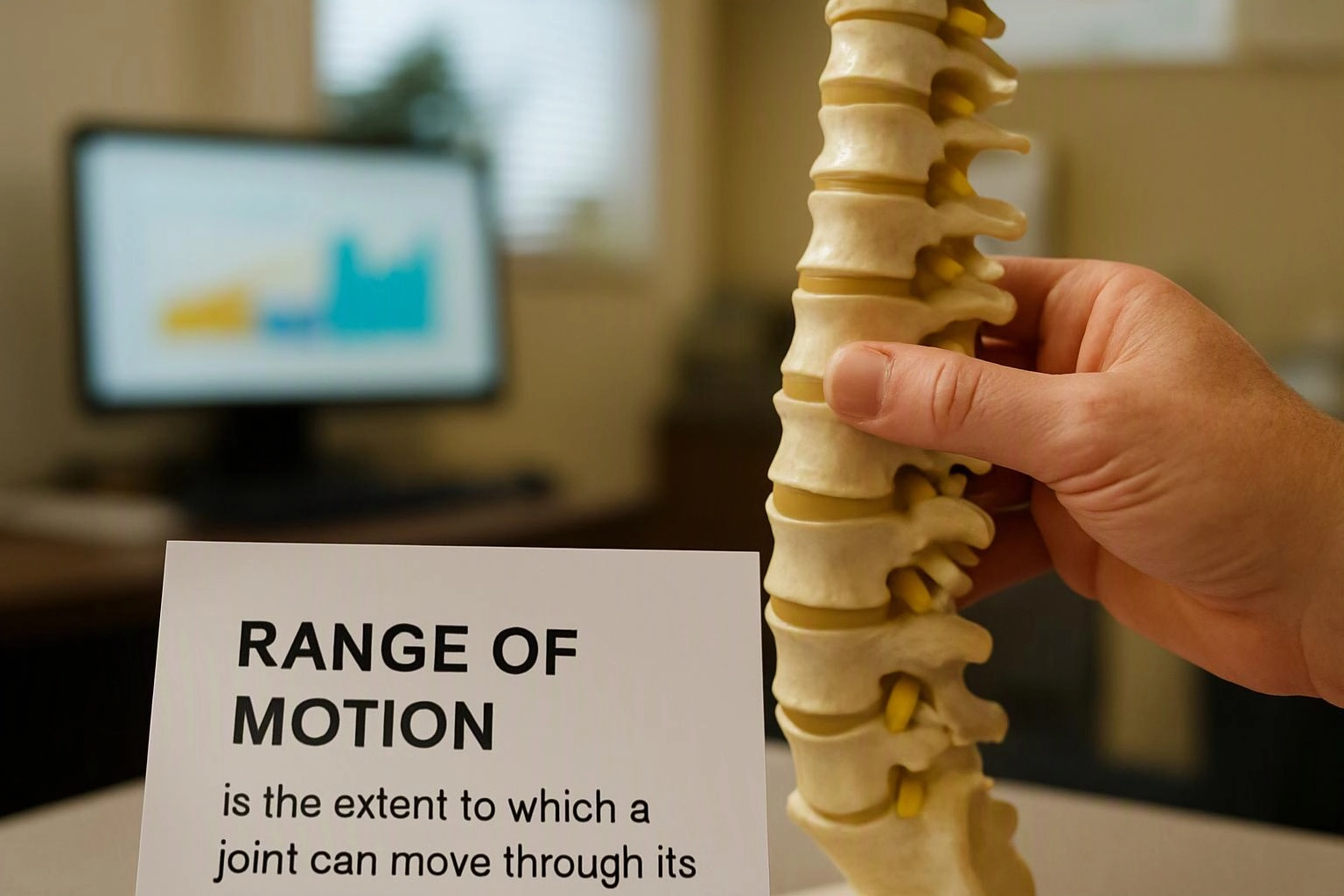 A hand holds a spine model beside a card that reads "RANGE OF MOTION" in an office setting