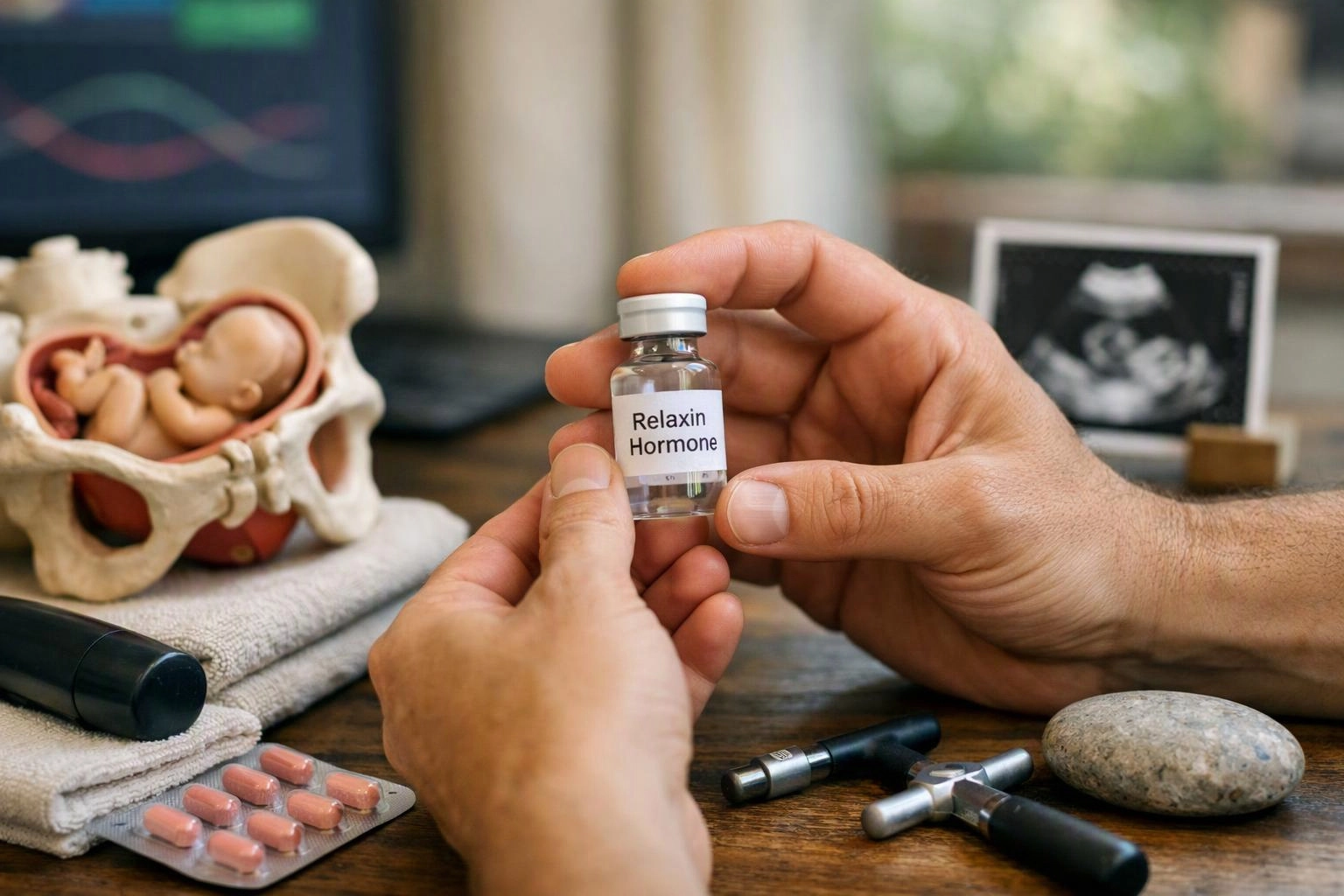 Hands hold a vial labeled Relaxin Hormone beside an anatomy model, ultrasound image, pills, and medical tools on a table