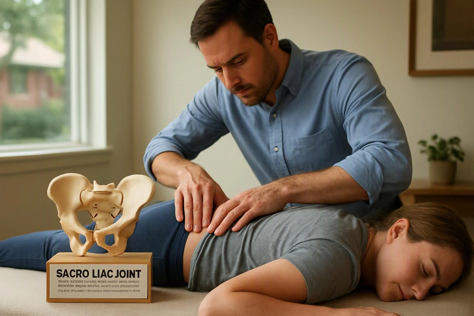 A man presses on a woman’s lower back beside a pelvis model labeled “SACRO ILIAC JOINT” in a room