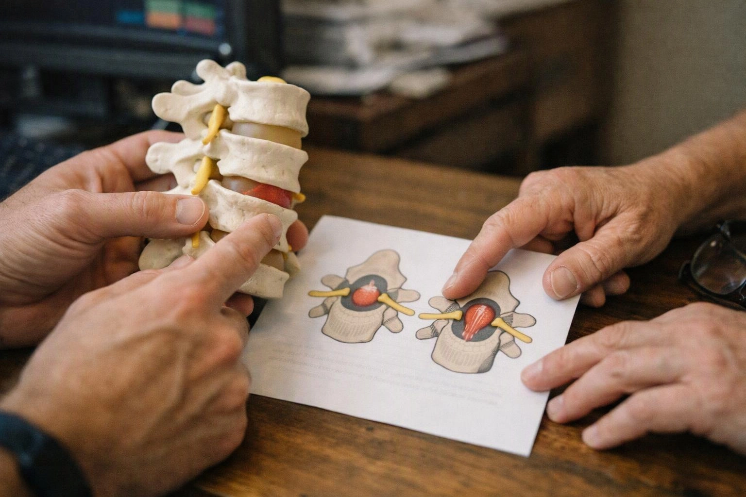 Hands hold a spine model and point to an anatomy diagram on a wooden table