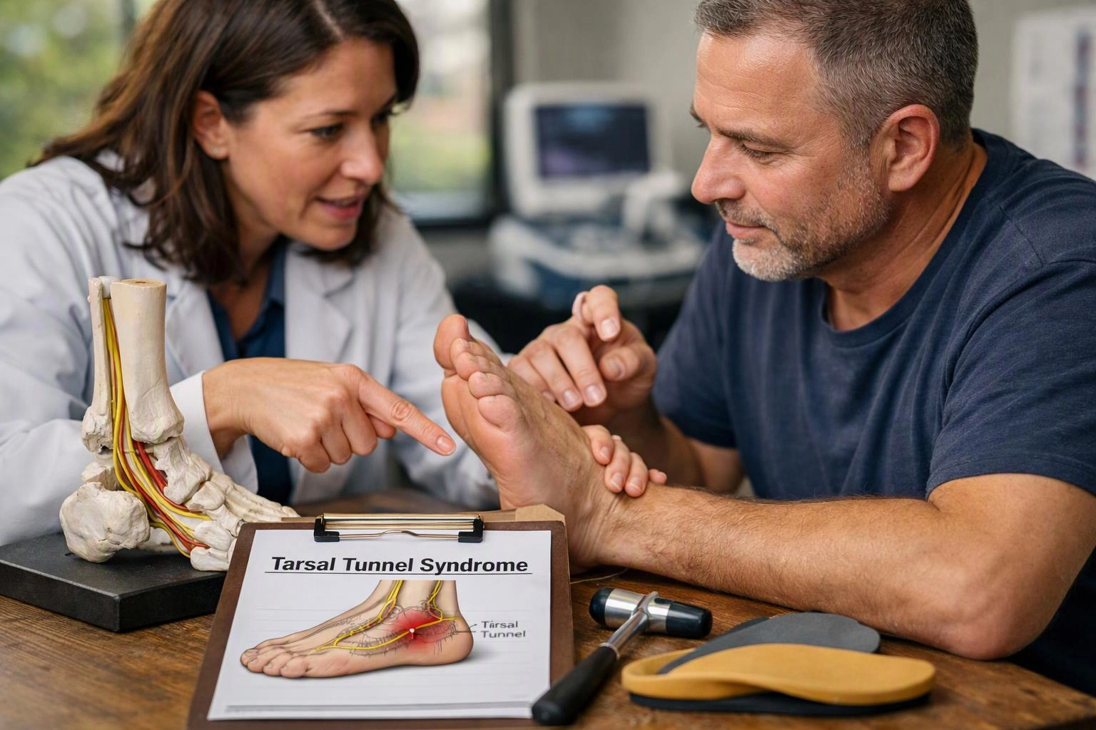 A doctor points at a man's foot during a tarsal tunnel syndrome exam in a clinic setting
