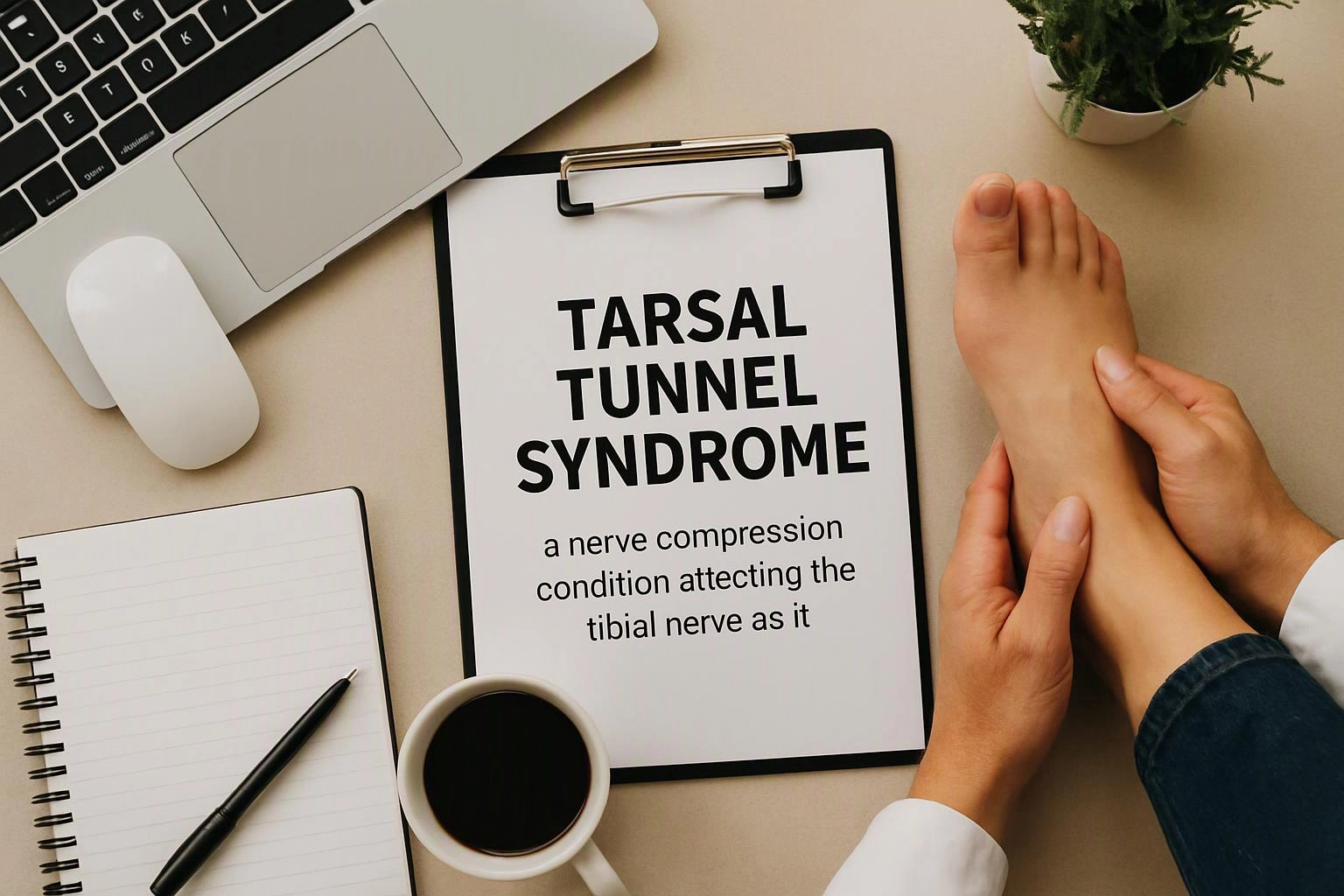 A doctor holds a patient’s foot beside a clipboard titled “TARSAL TUNNEL SYNDROME” on a desk