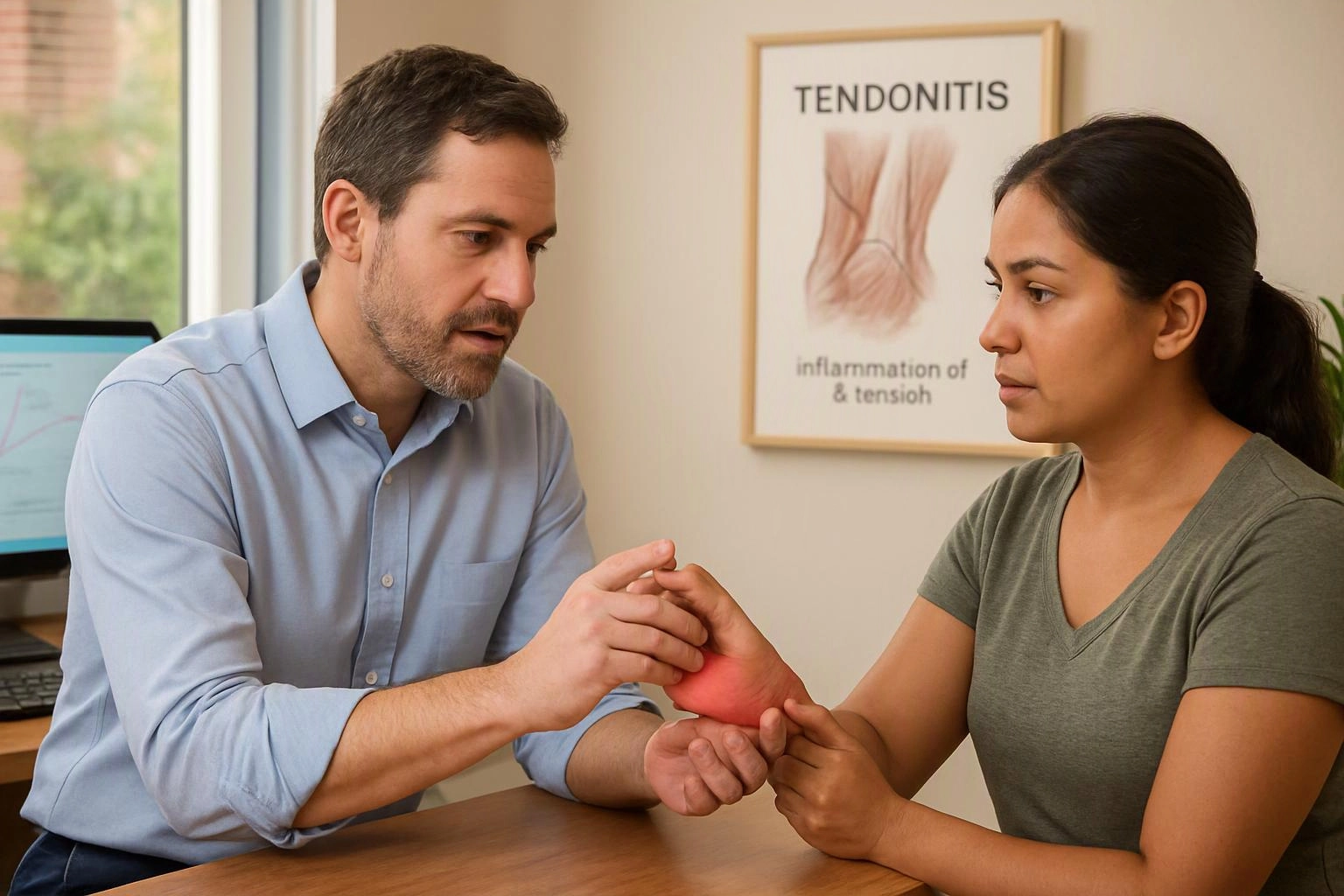 A man examines a woman's swollen wrist while they sit at a desk in a medical office