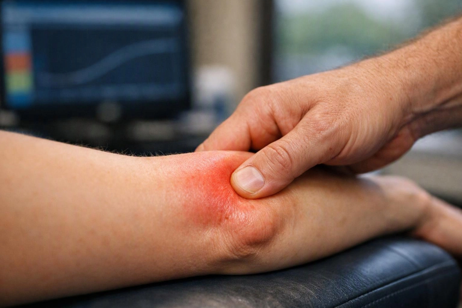 A hand presses a red swollen elbow resting on a dark surface, with a blurred monitor in the background