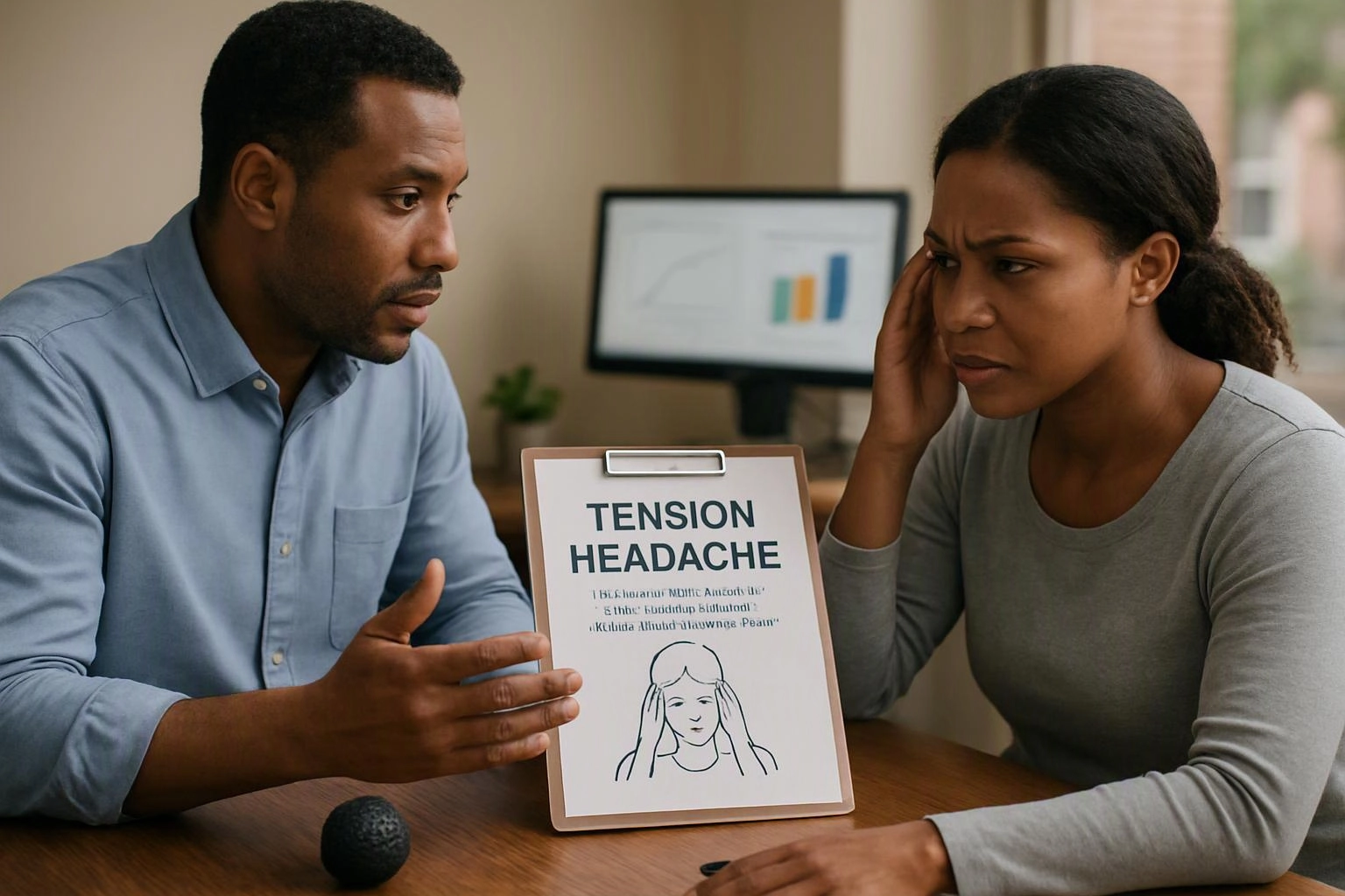 A man talks to a woman holding her head, with a clipboard about tension headache on the table