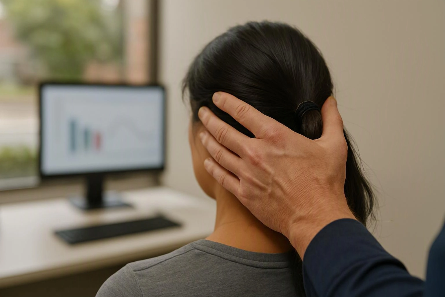 A hand holds the back of a woman’s head while she faces a blurred computer monitor in an office