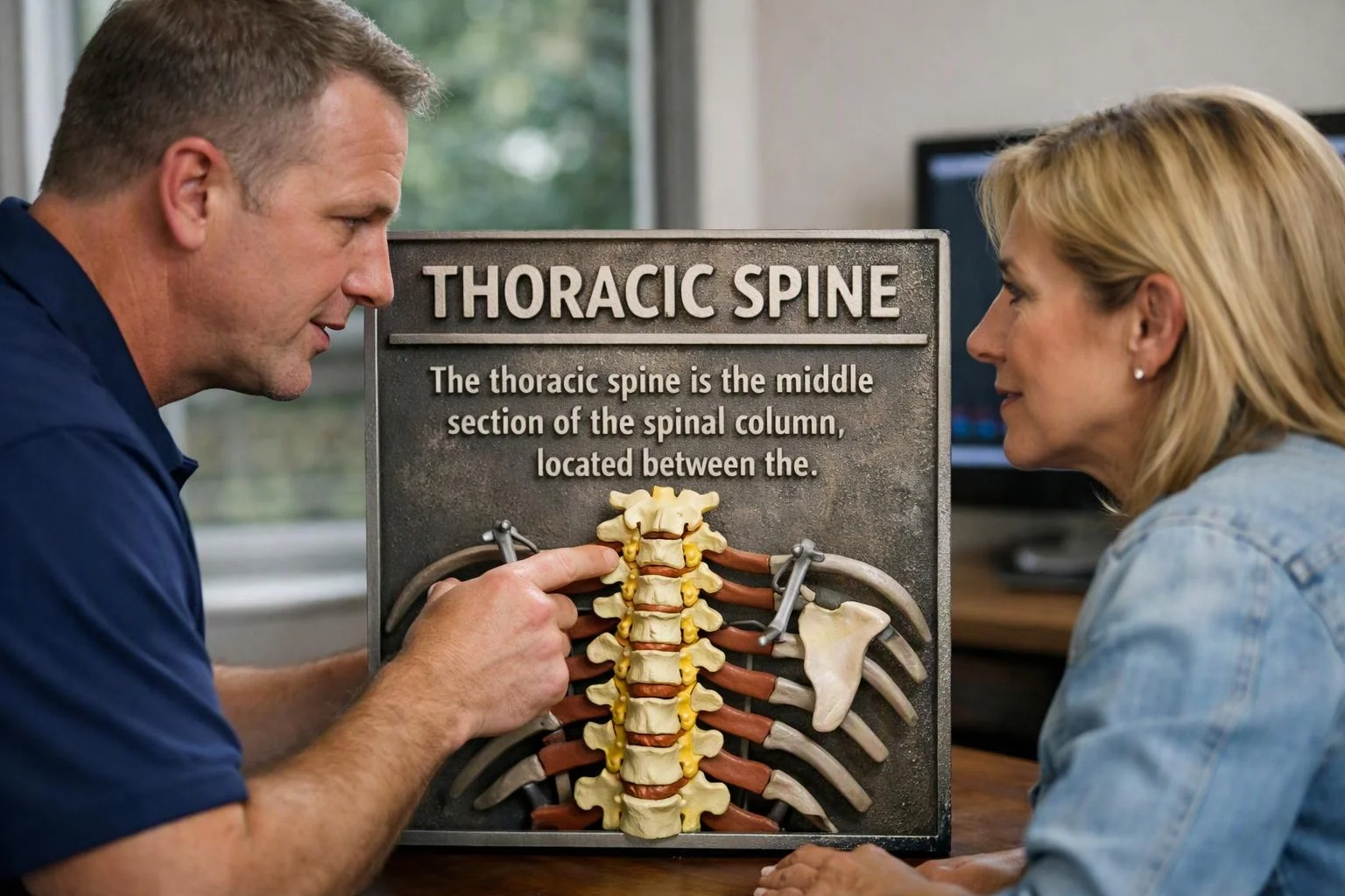 A man points at a thoracic spine model while a woman watches in a bright office room