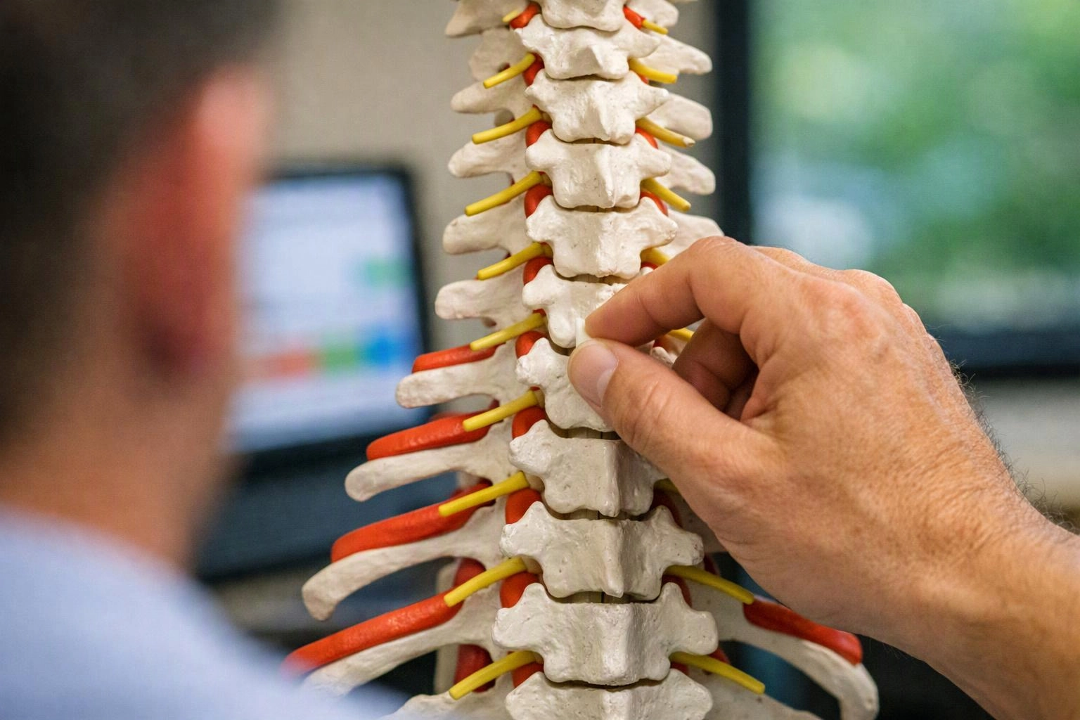 A hand points at a spine model in a clinical office, with a blurred person and monitor behind it