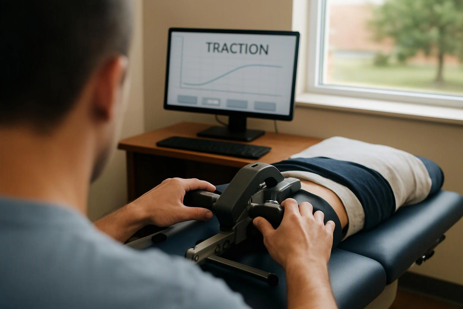 A clinician adjusts a leg traction device while a graph on a monitor shows "TRACTION" in a bright room