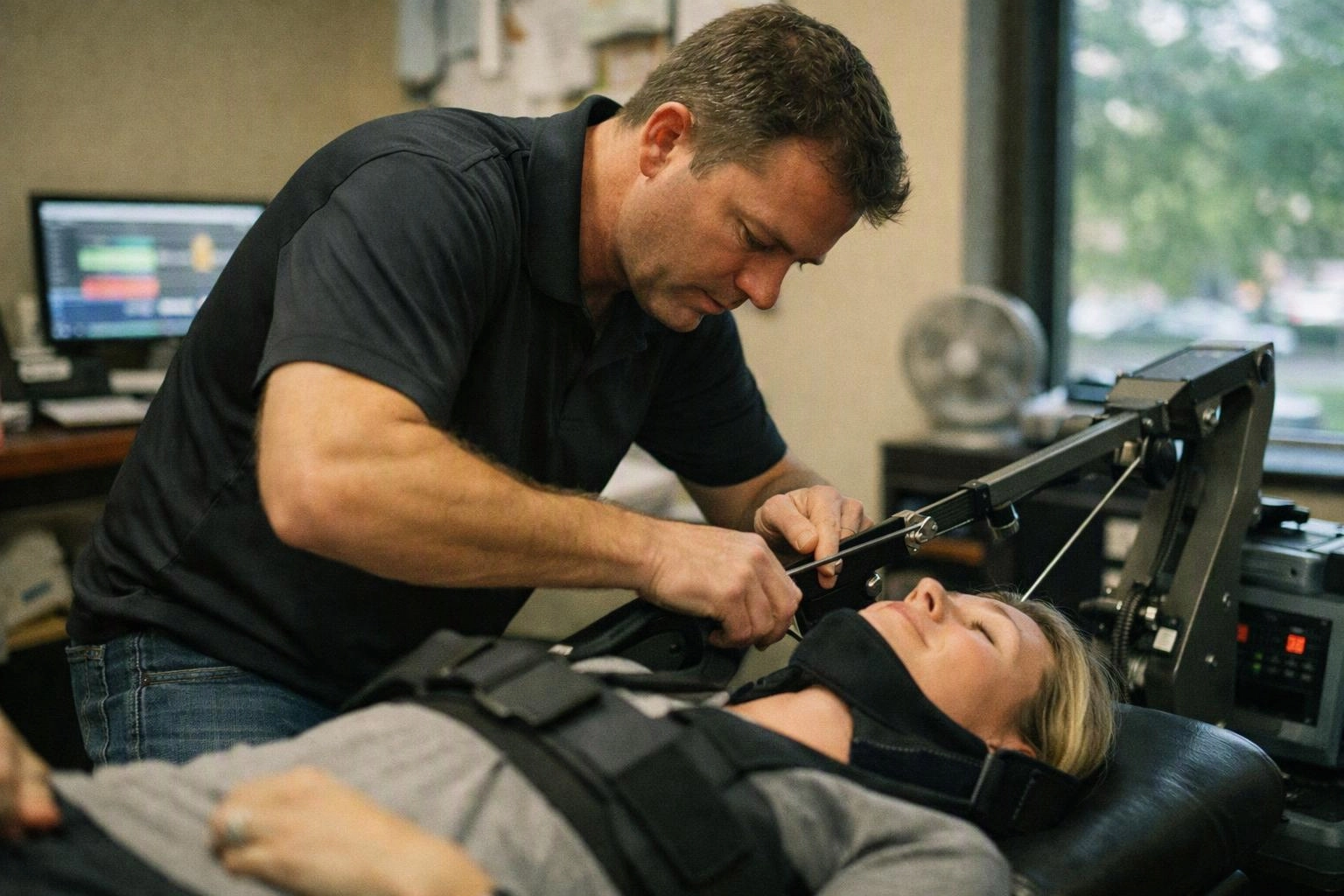 A man adjusts a head and body restraint on a woman lying on a treatment table in a clinic room