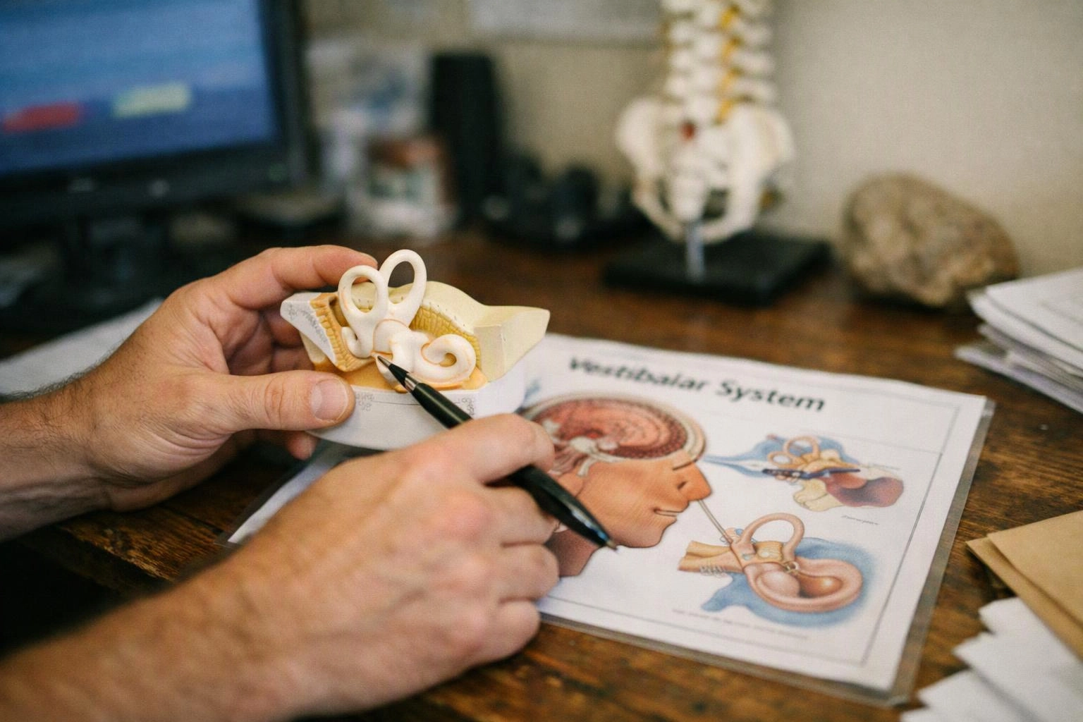 Hands hold an inner ear model and a pen over a page labeled "Vestibular System" on a desk
