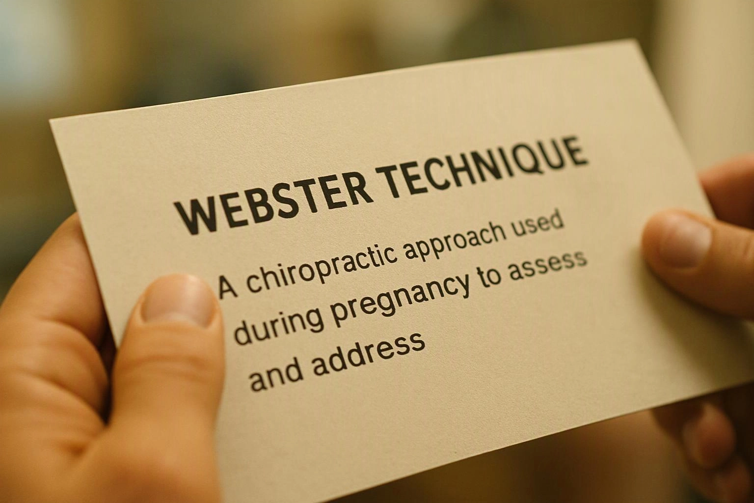 Hands hold a card reading "WEBSTER TECHNIQUE" with smaller text about chiropractic care during pregnancy