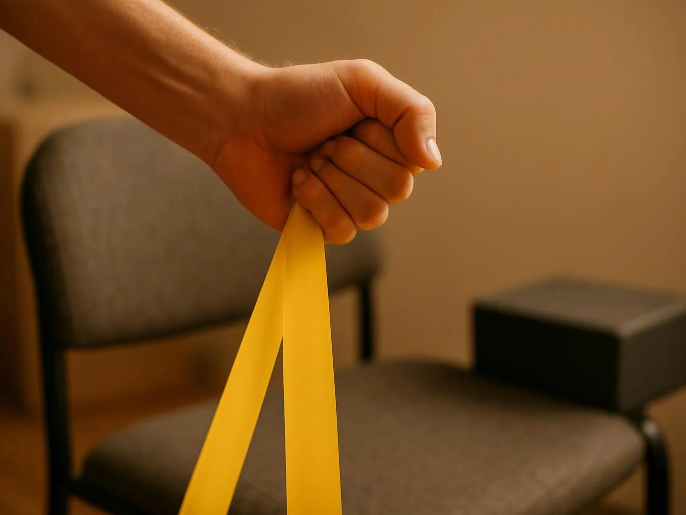 A hand grips a yellow resistance band above a padded chair in a warm indoor room