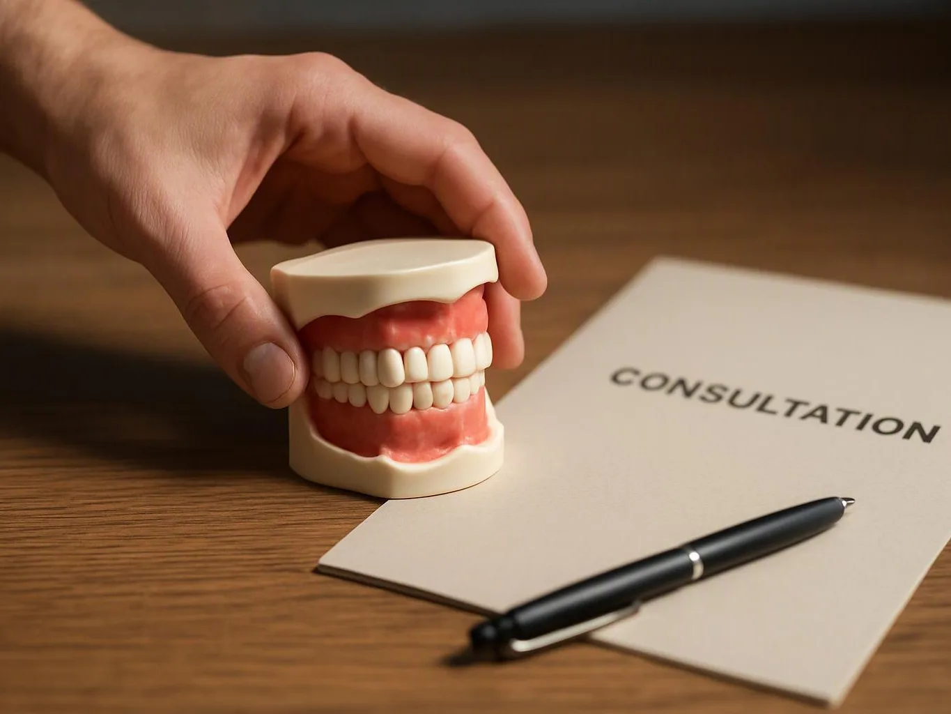 A hand holds a dental teeth model beside a consultation paper and pen on a wooden table