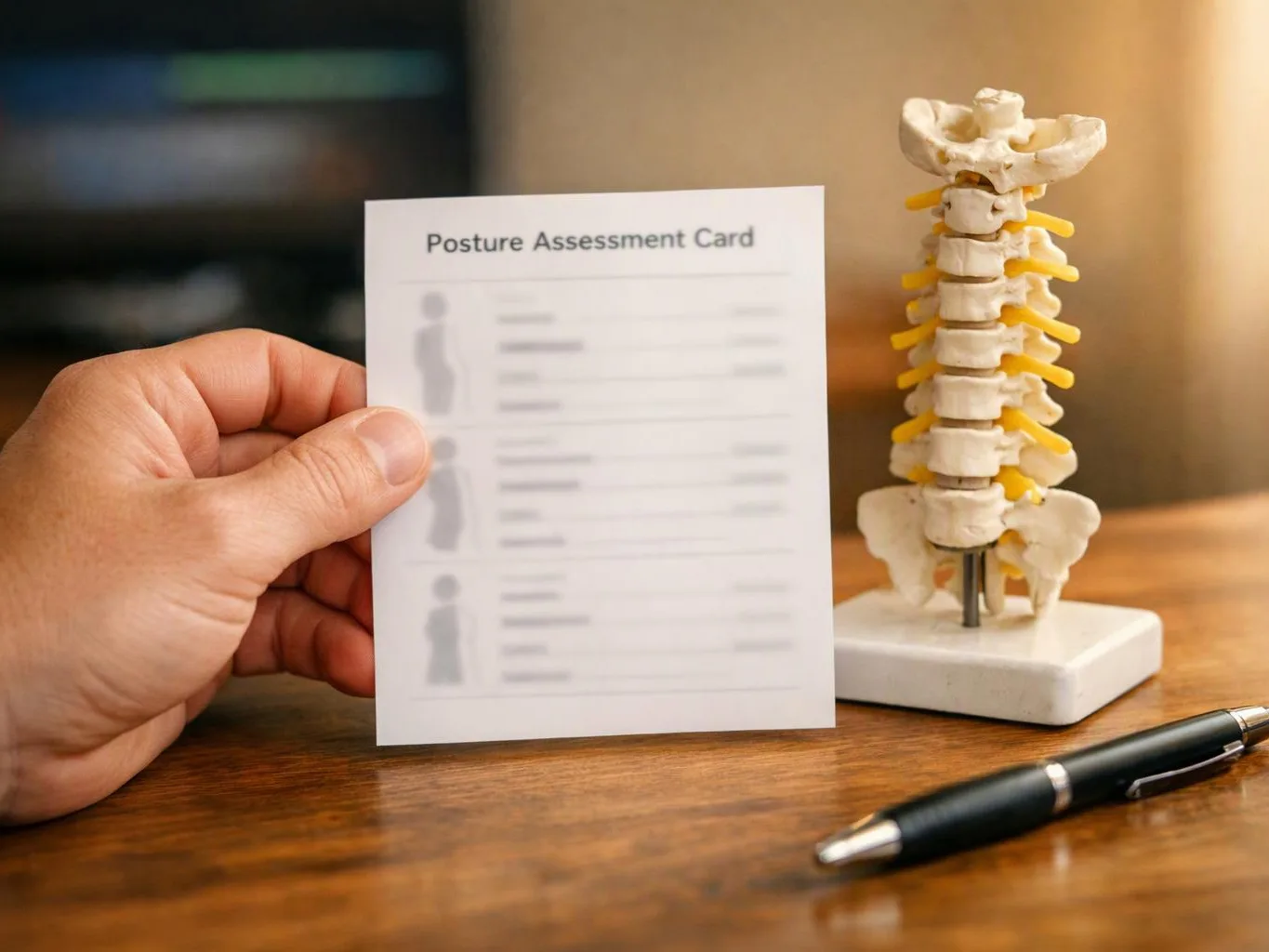A hand holds a posture assessment card beside a spine model and pen on a wooden table