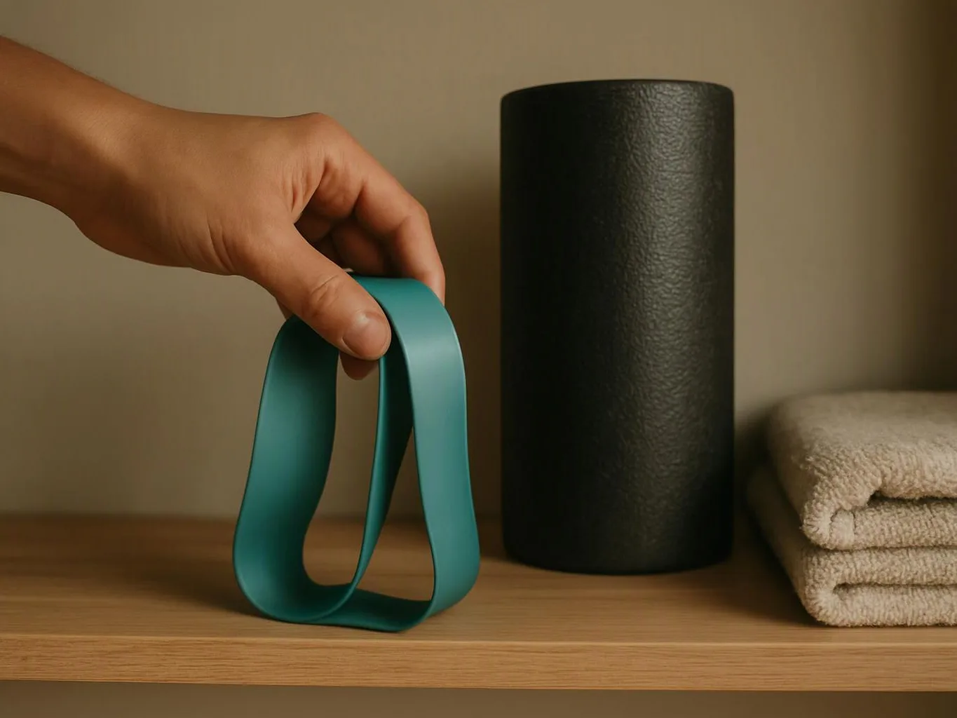 A hand holds a teal exercise band beside a black foam roller and folded towel on a wooden shelf