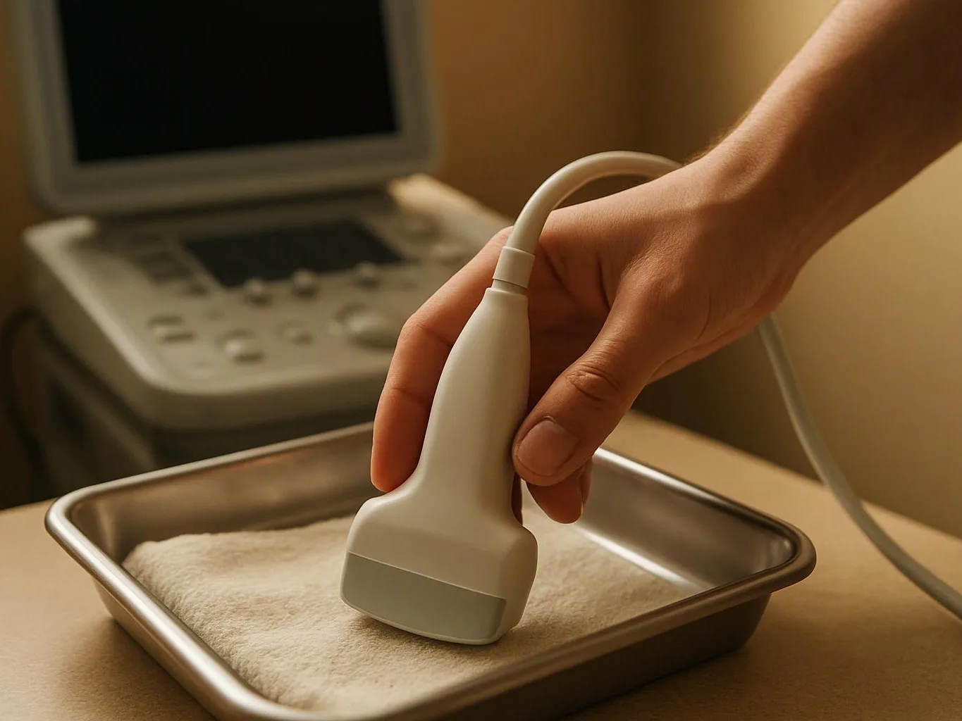 A hand holds an ultrasound probe over a padded tray beside a medical imaging machine