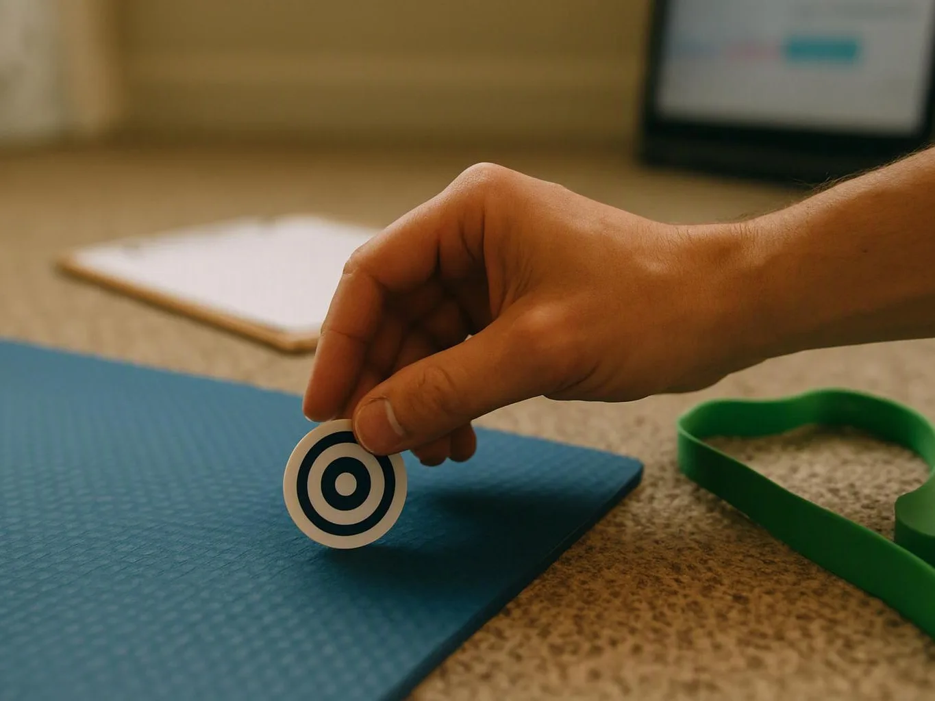 A hand places a bullseye token on a blue mat beside a green band on a carpeted floor
