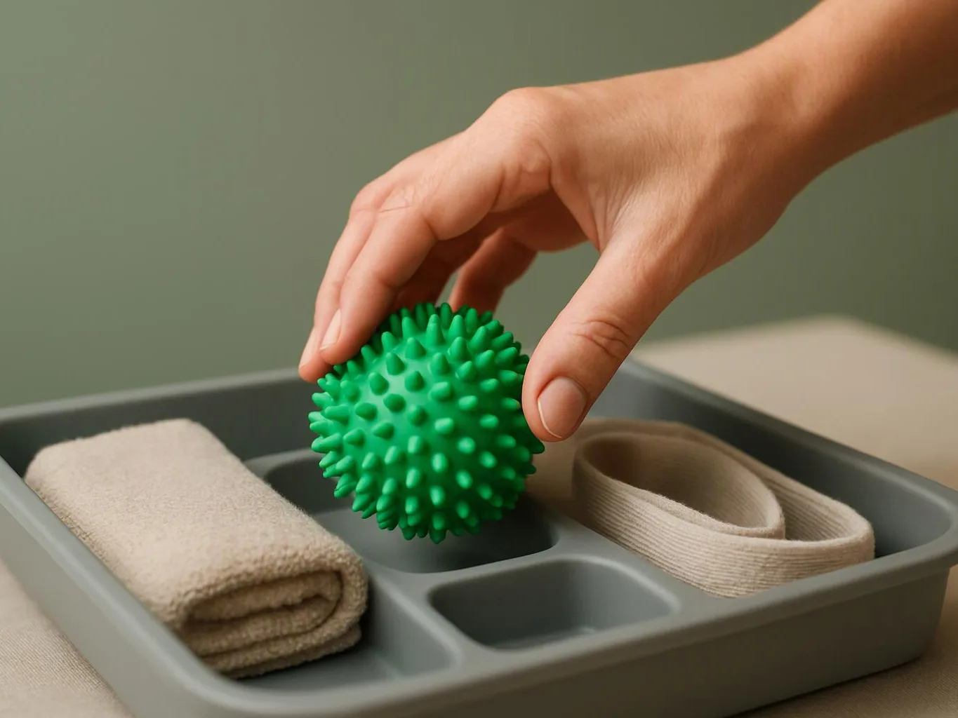 A hand places a green spiky ball into a gray tray beside folded towels and a rolled cloth