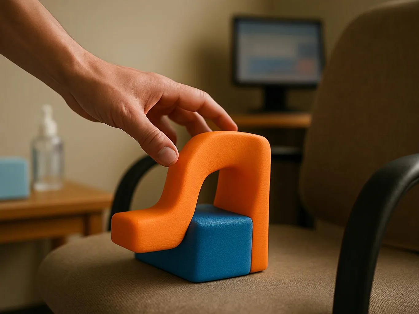 A hand places an orange foam block on a blue block atop a brown chair seat