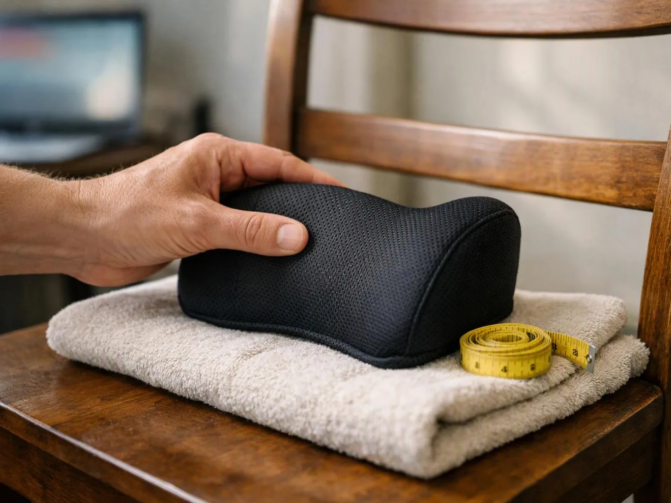 A hand presses a black foam cushion on a folded towel beside a yellow measuring tape on a wooden chair