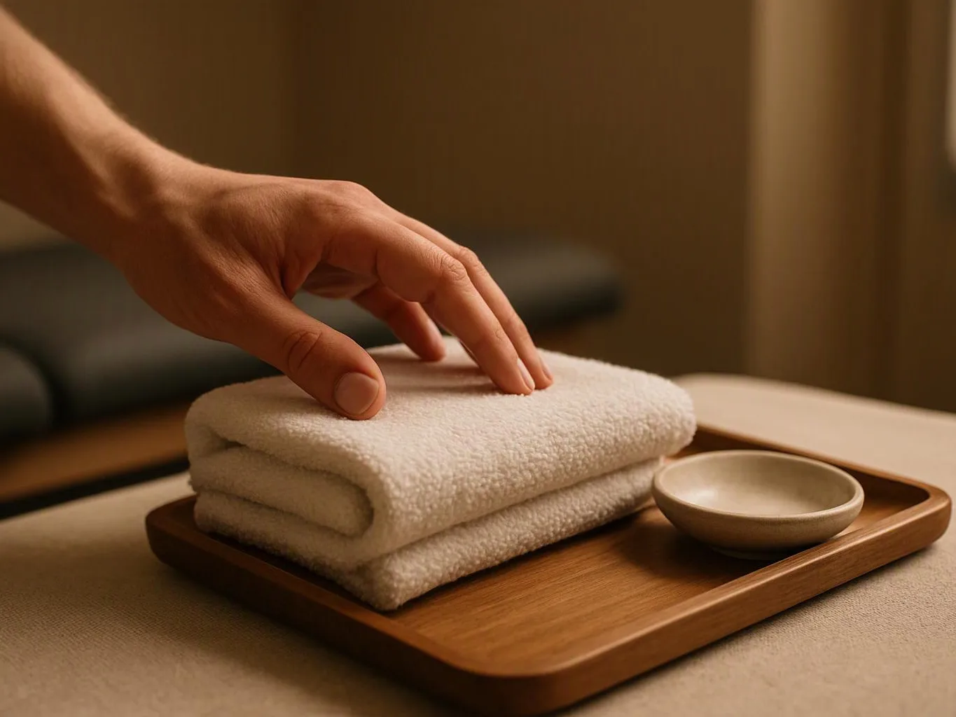 A hand reaches toward folded white towels and a small bowl on a wooden tray in a spa-like room