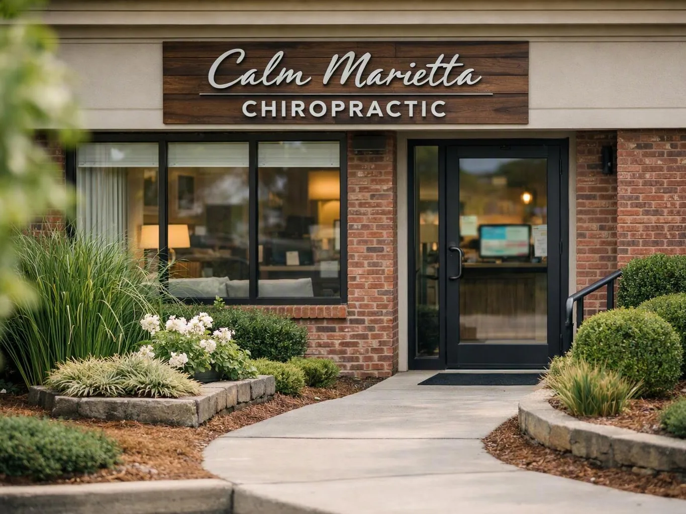 Brick storefront with a glass door, landscaped walkway, and sign reading “Calm Marietta Chiropractic”