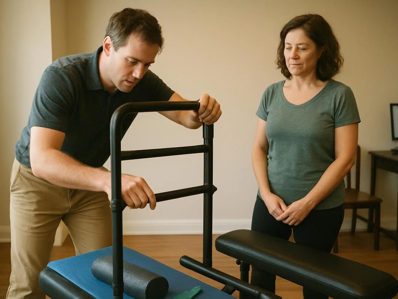 A man adjusts a black exercise frame while a woman watches beside a padded treatment bench in a room