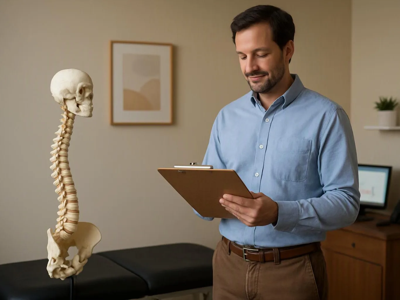 A man in a blue shirt studies a clipboard beside a skeleton model in a clinic exam room