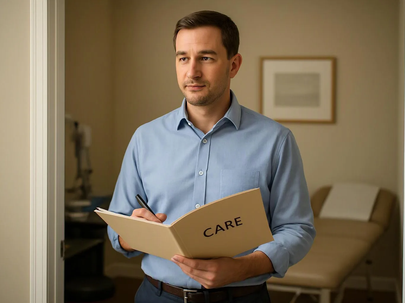 A man in a blue shirt writes in a folder labeled CARE in a quiet room