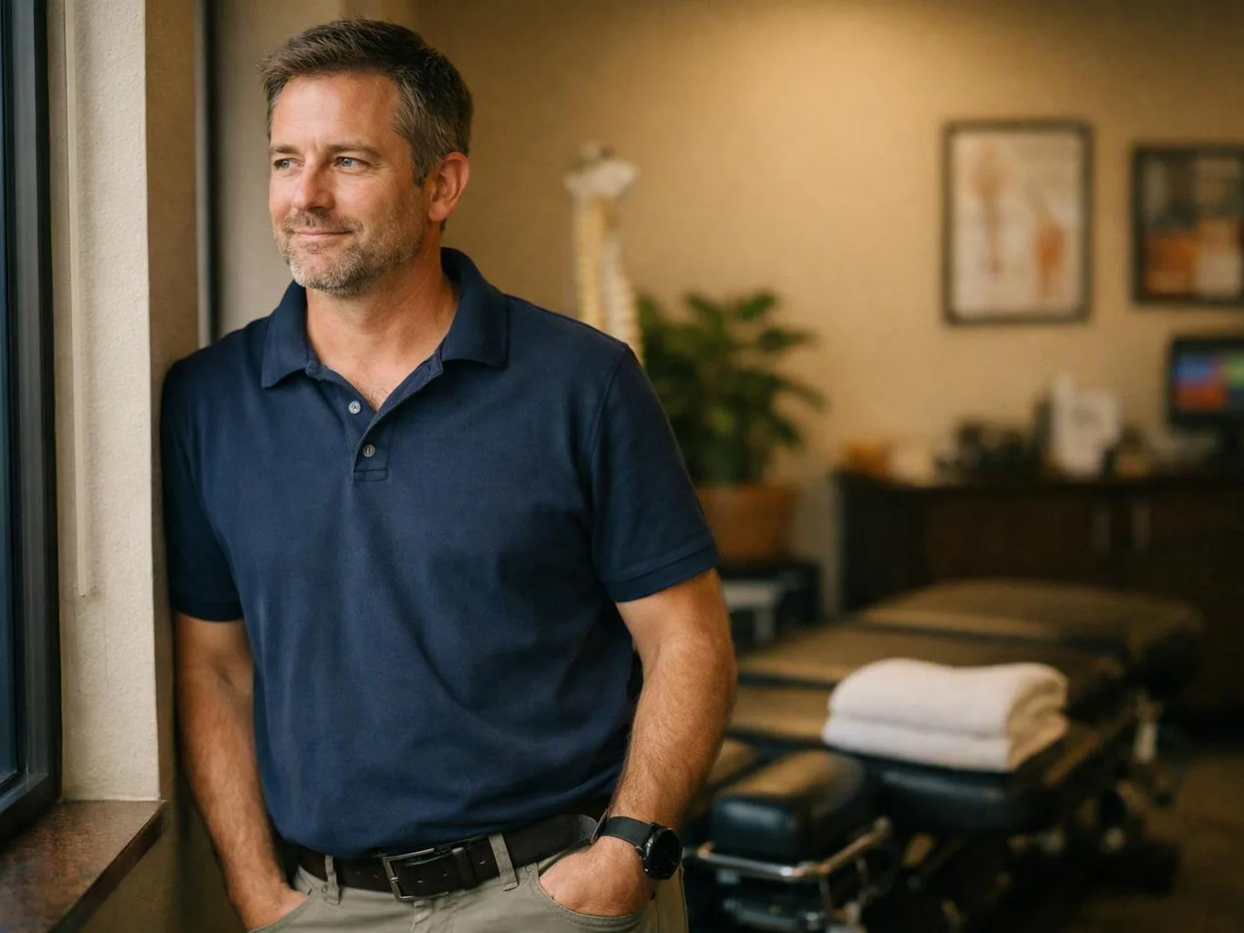 A man in a navy polo leans by a window in a massage room with treatment tables and folded towels