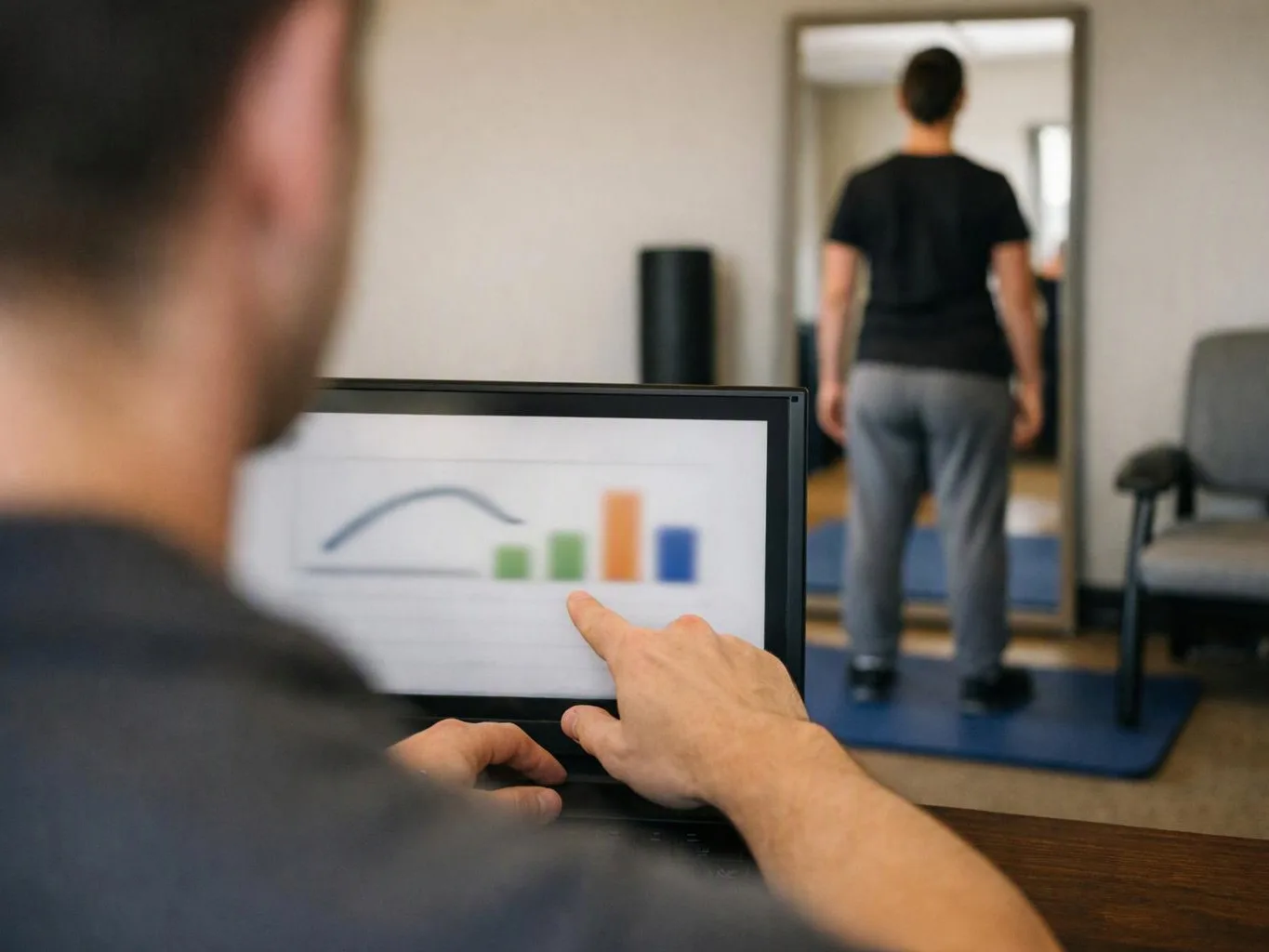 A man points at a laptop chart while another stands on a blue mat in a simple room