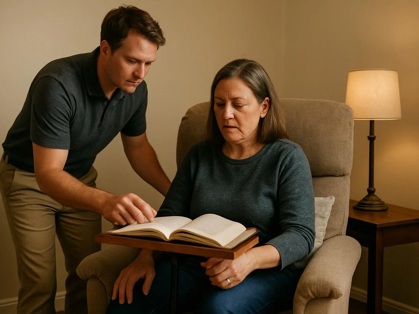 A man points at an open book while a seated woman reads in a softly lit room