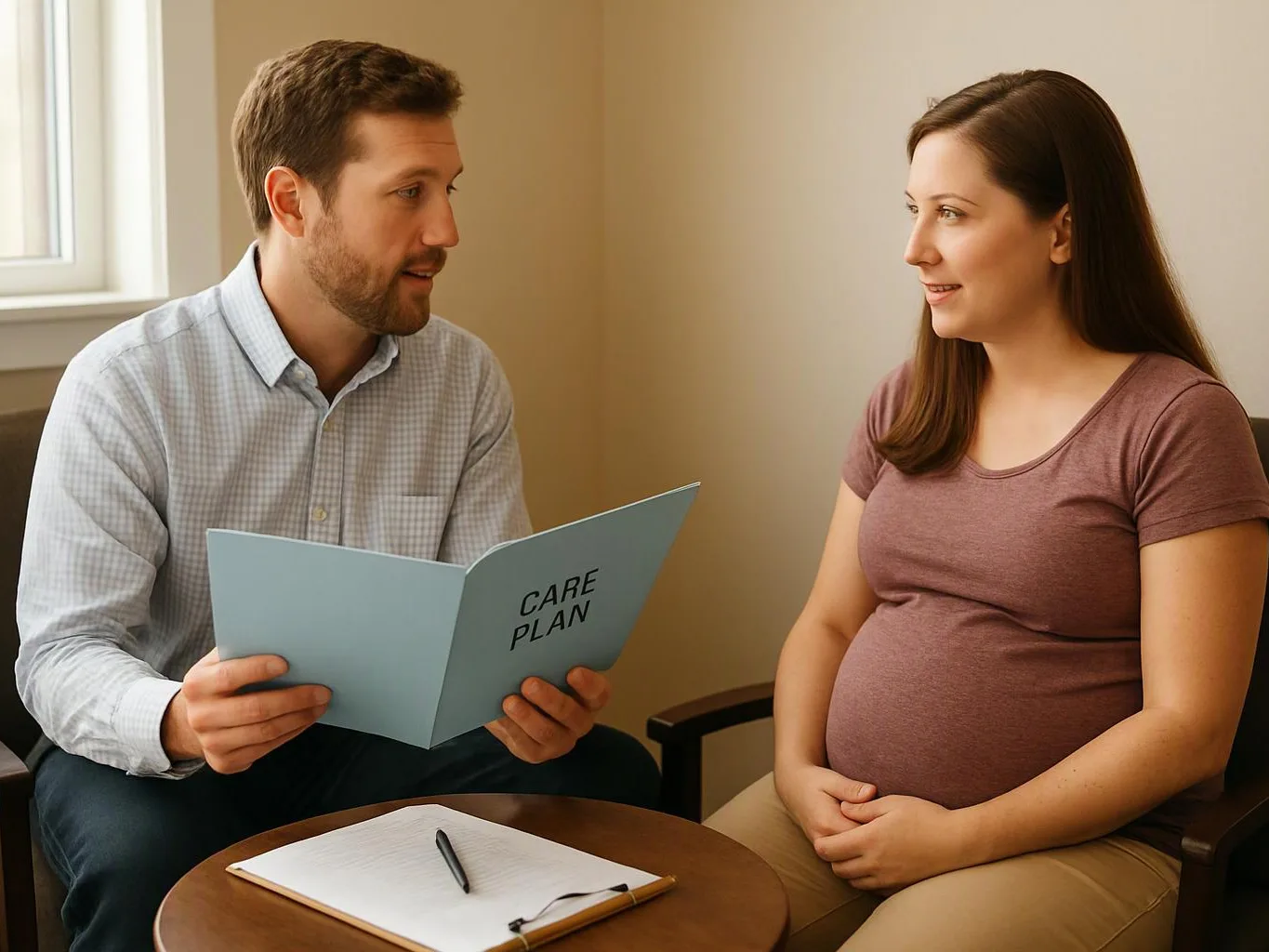 A man shows a care plan booklet to a pregnant woman in a bright consultation room