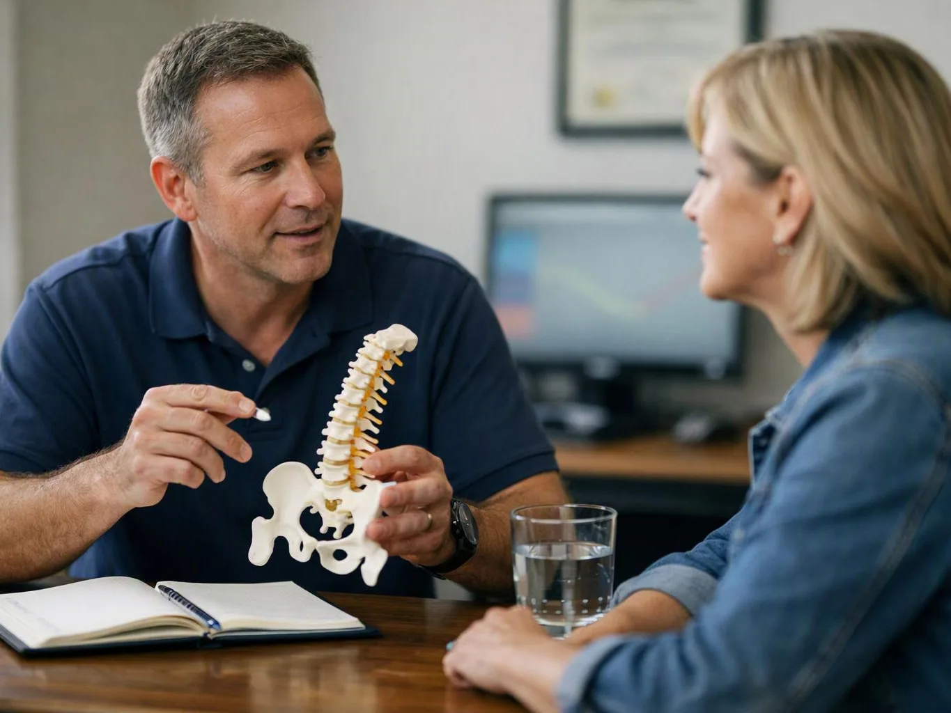 A man shows a spine model to a woman across a desk in an office