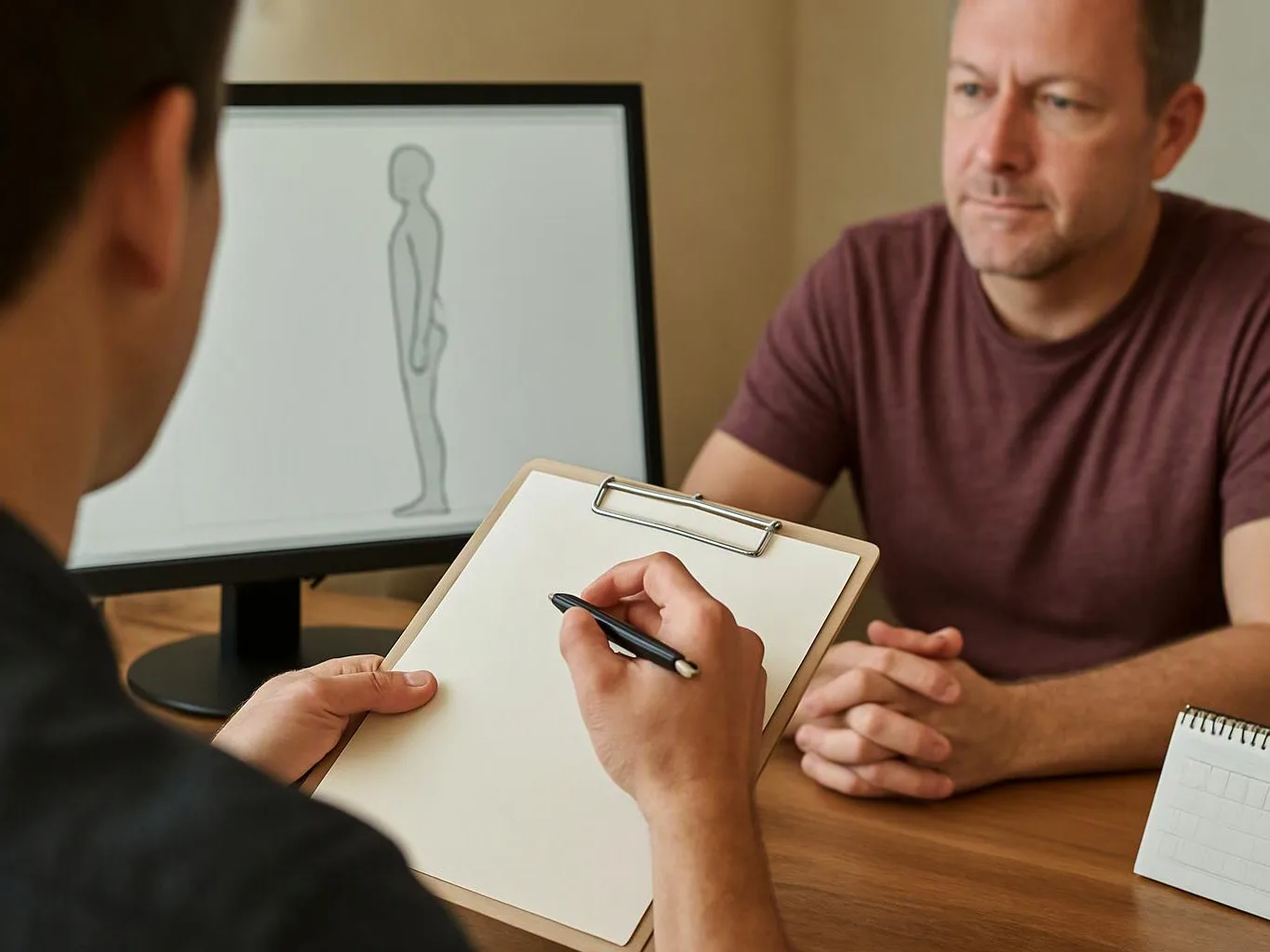 A man sits across from another person during a consultation, with a posture diagram on a monitor behind them
