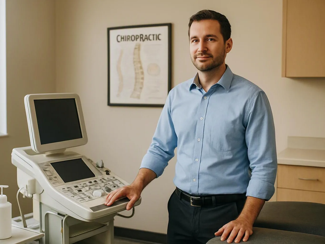 A man stands beside a medical imaging machine in a chiropractic exam room with a spine poster behind him
