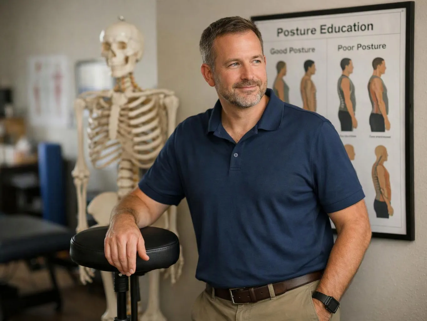 A man stands beside a skeleton model and a posture chart in a clinic room