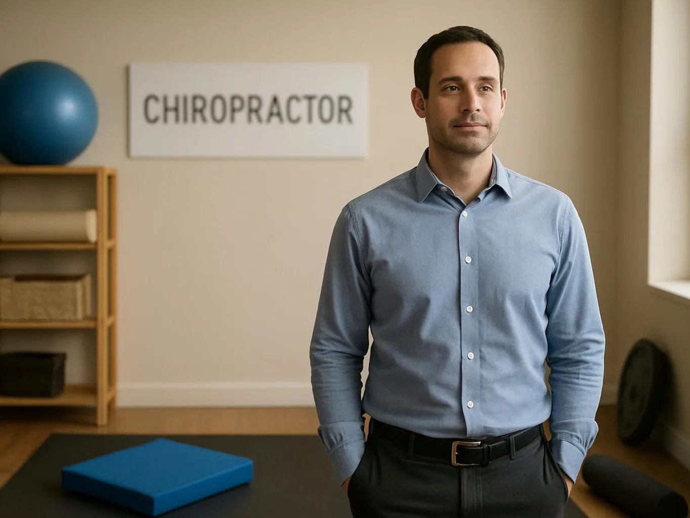 A man stands in a clinic room beside a blue cushion, with a sign reading “CHIROPRACTOR” behind him