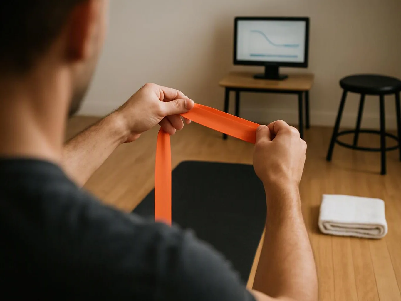 A man stretches an orange resistance band in a room with a yoga mat, monitor, stool, and folded towel